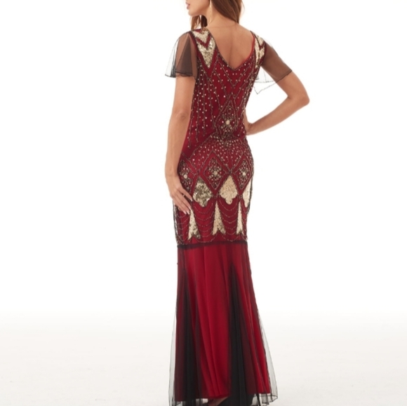 JDLSPPL Women's Red&Black Gatsby Evening Dress Sequin Maxi Flutter Sleeve Gown S - Picture 3 of 12